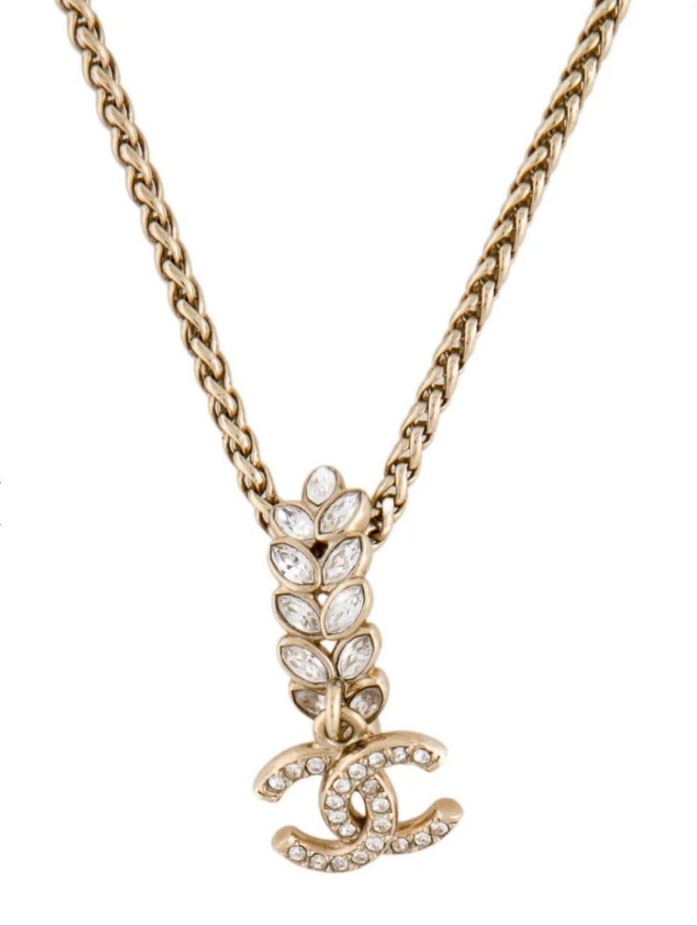 Authentic CHANEL Gold-Tone Crystal Laurel CC Pendant Necklace 2023 Strass Leaf